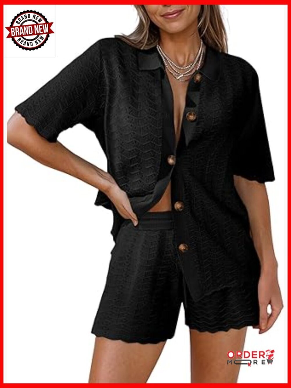 2 Piece Knit Shorts Set Lounge Outfits Sleeve Button Down Top